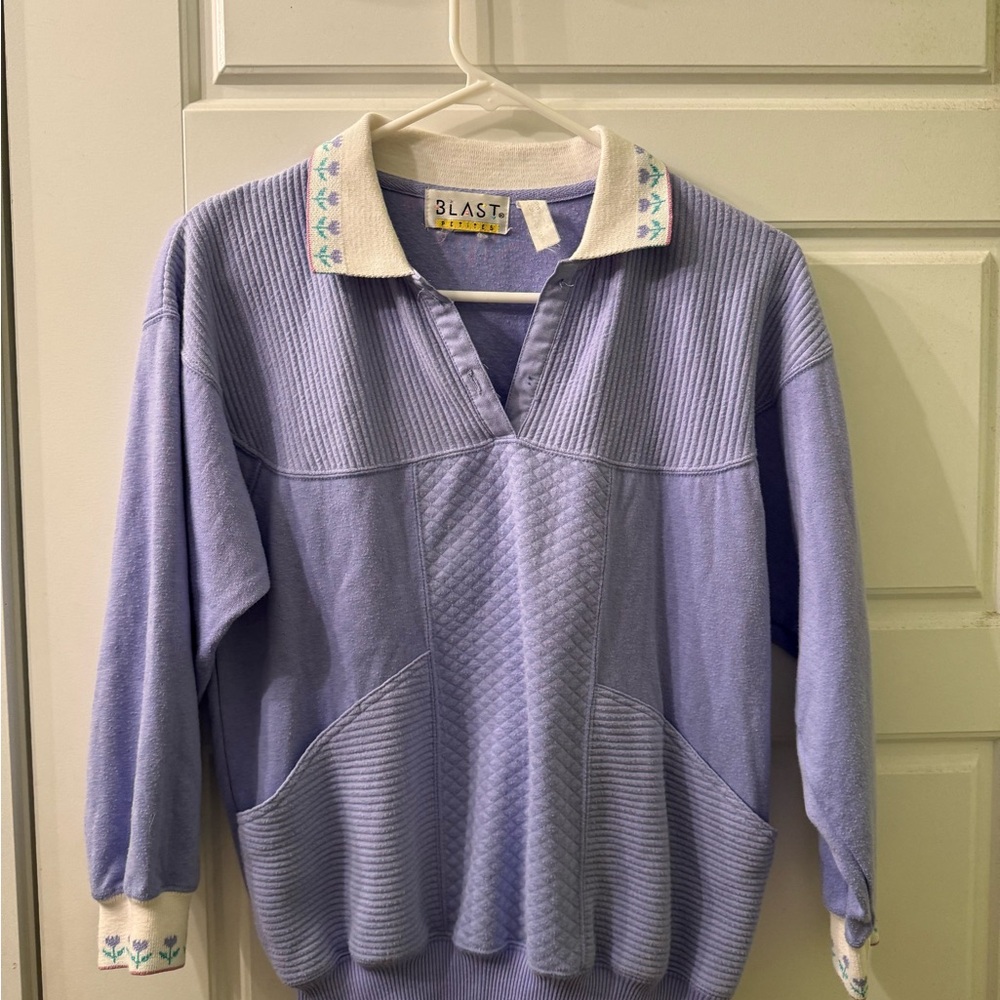 Vintage Women's Purple Grandma Sweater With Flower Detail Size‎ Medium